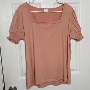 Misifi Womens XL Salmon Pink Square Neck Puff Sleeve Smocked Cuff Knit Top